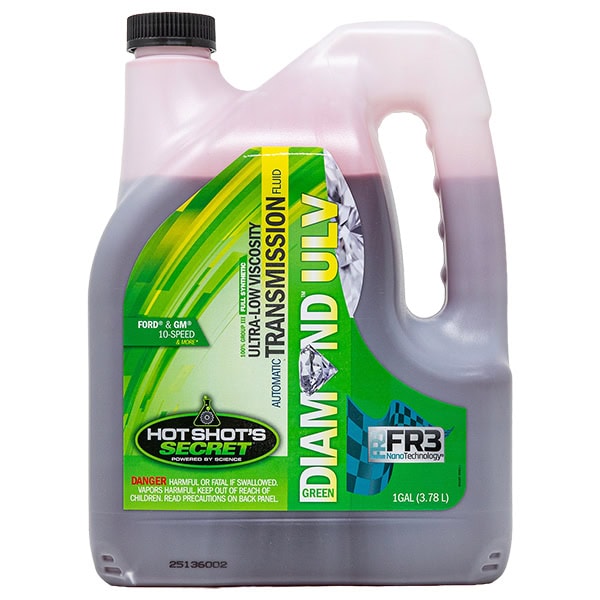 One-gallon jug of automatic transmission fluid (red liquid) with Hot Shot's Secret label and green accents on the bottle cap.