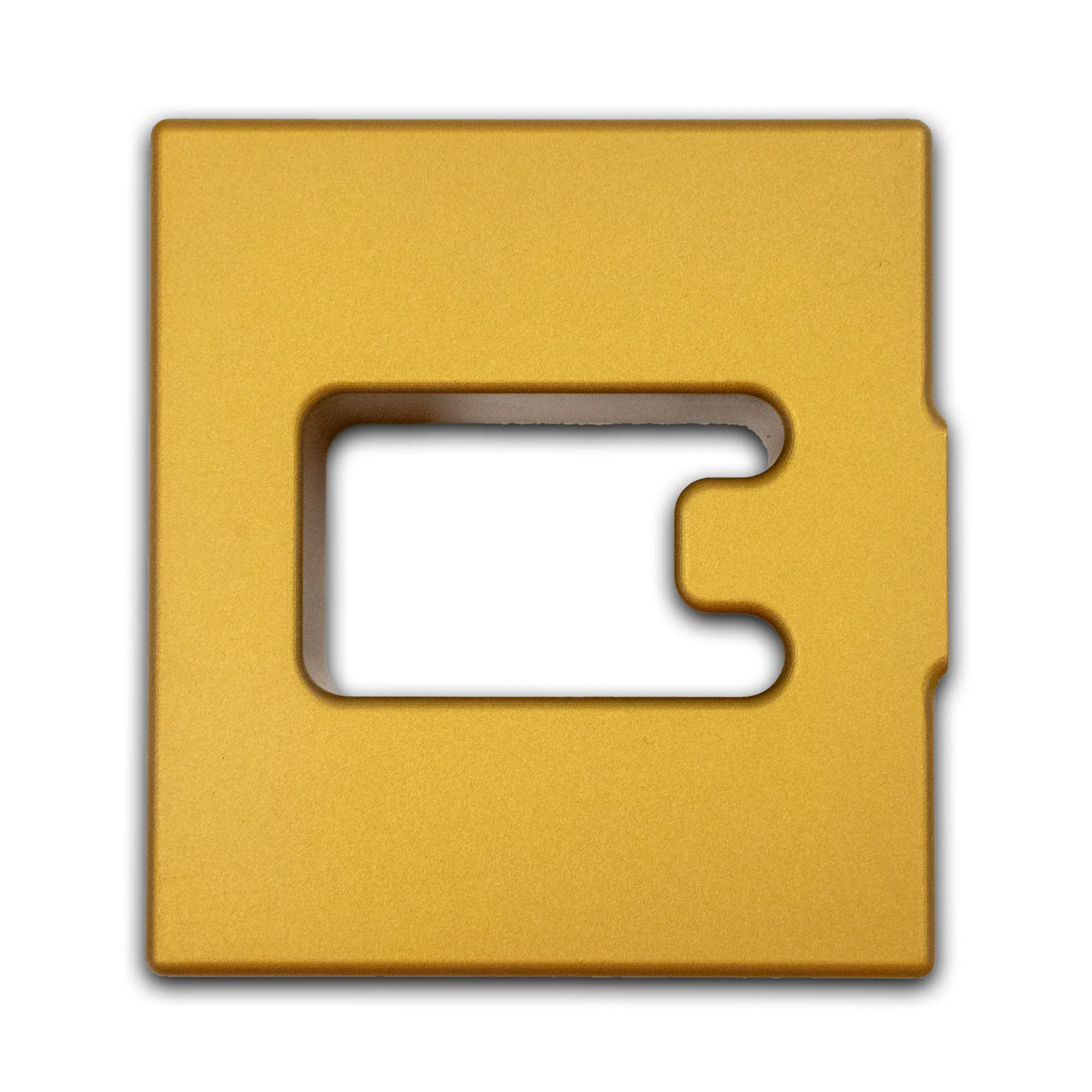 close-up of a gold rectangular frame with rounded outer corners and a large inner opening, seen against a white background.