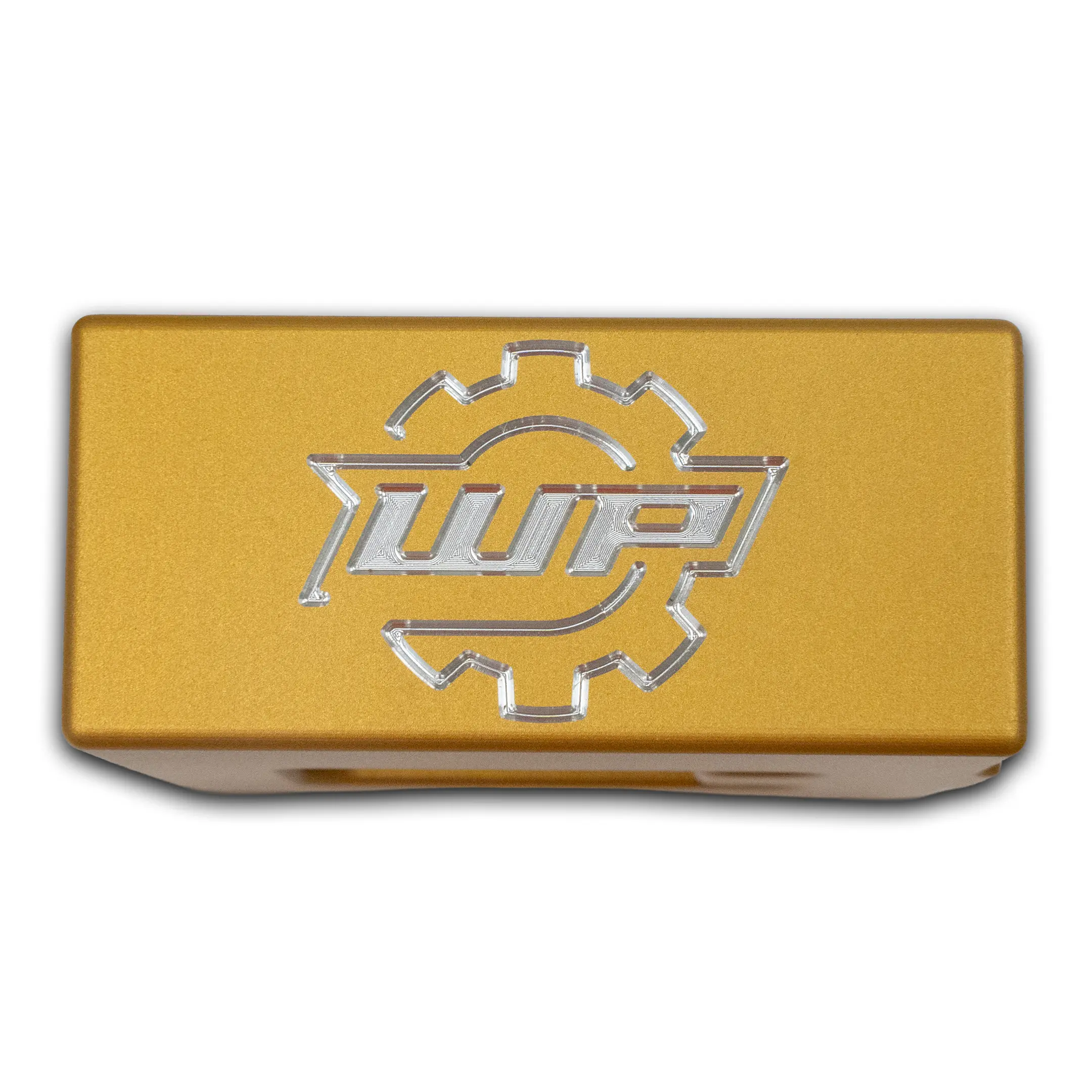close-up of a gold plaque with a silver, intricate emblem in the center on a white background.